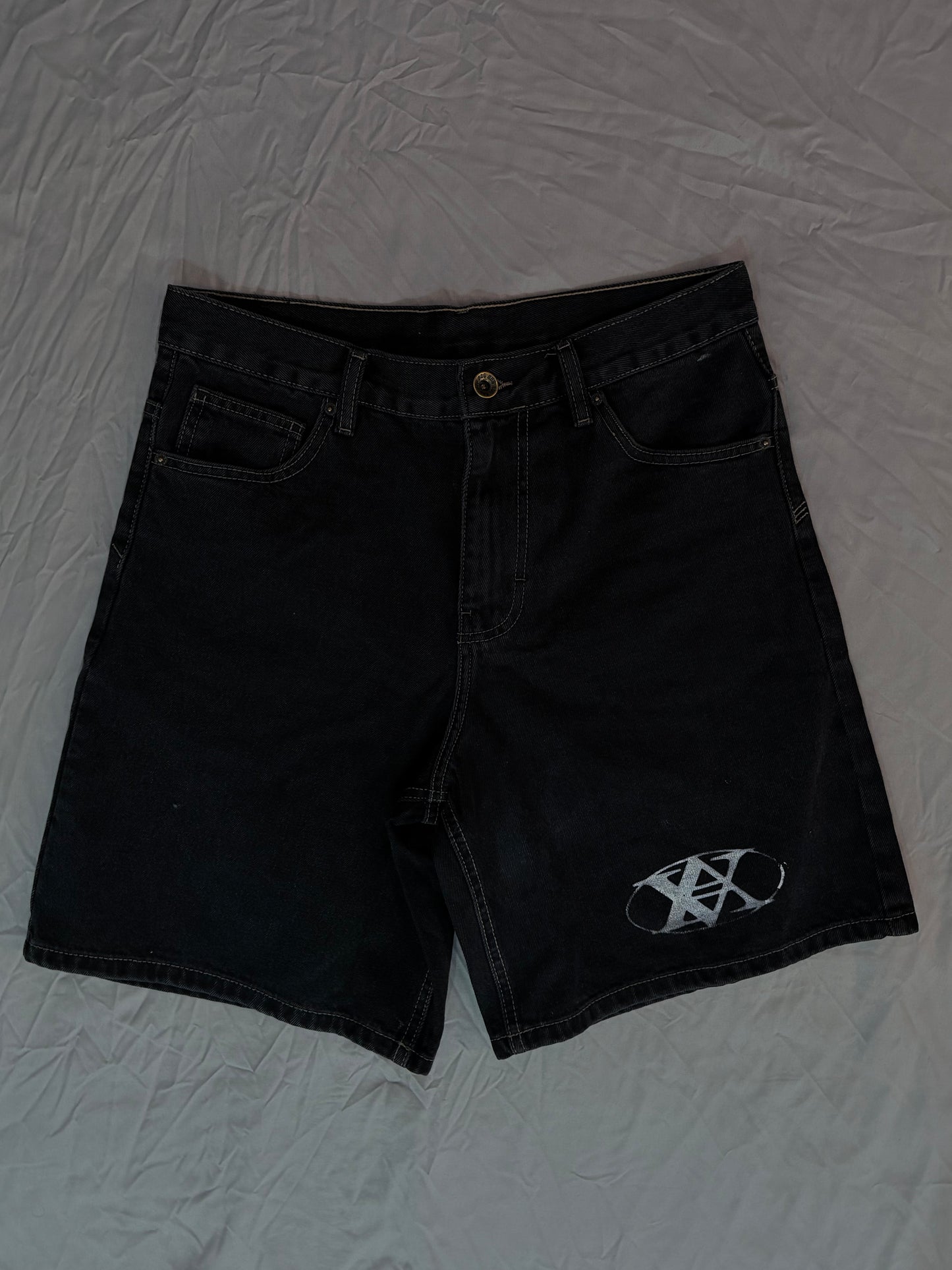 double crossed denim shorts