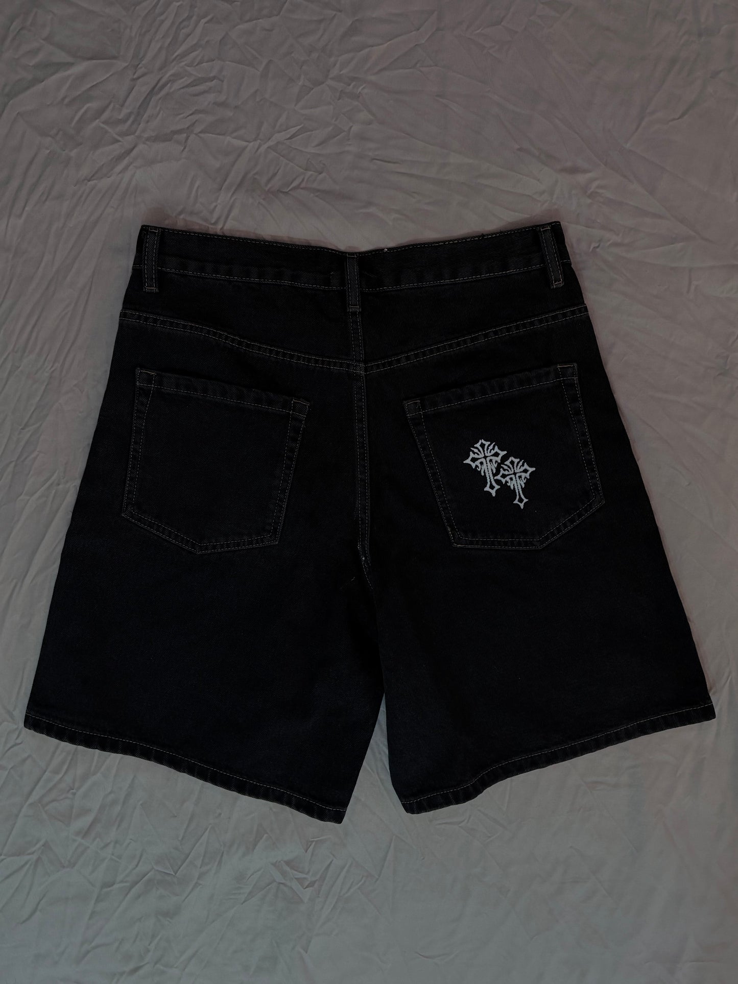 double crossed denim shorts