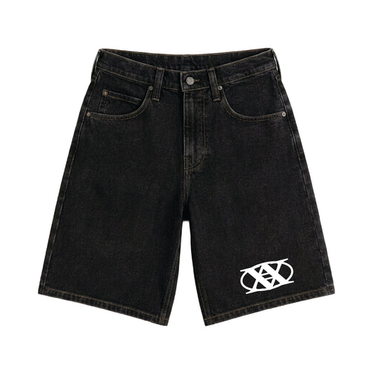 double crossed denim shorts